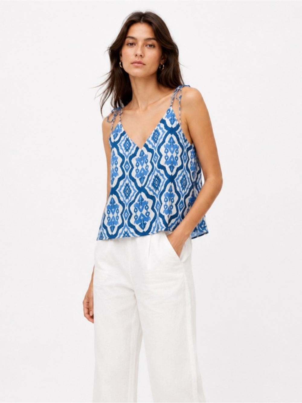 Zara The Leia Top Satin Printed Cami Tank Top Blue & Cream Size XL Beach Vacay